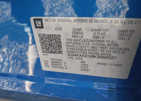 2019 Chevrolet Equinox Lt из США, поврежденный, VIN 3GNAXKEV8KS560027